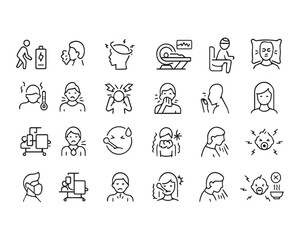 Set of outline icons related to sickness, illness, disease. Linear icon collection
