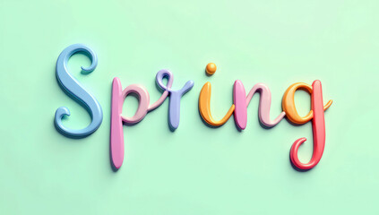 Pastel-colored whimsical text spelling "Spring" with rounded letters on a soft green background. Cheerful seasonal typography design, perfect for greeting cards, nature themes, seasonal campaigns