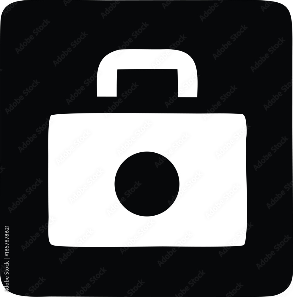 Poster simple black and white icon of a briefcase with a circular lock mechanism for business or travel con