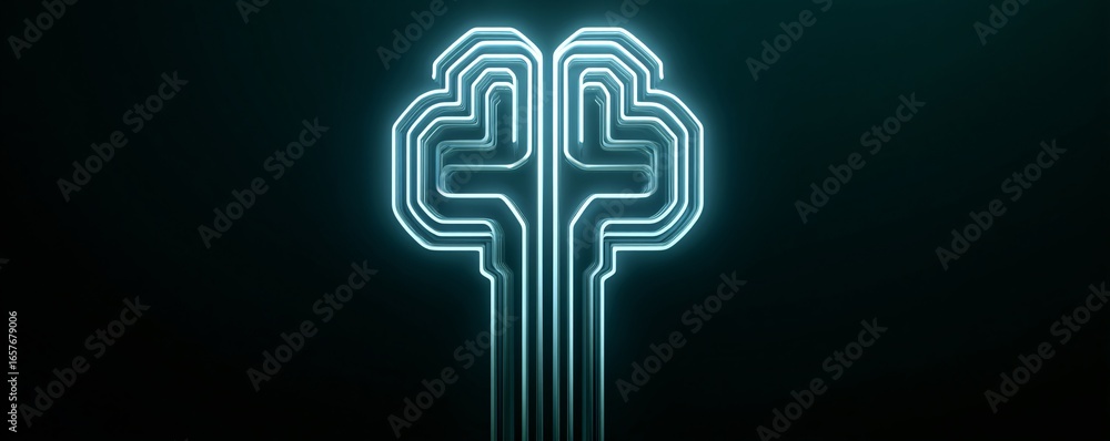 Poster minimal glowing ai circuit lines forming a brain-like pattern on dark background, stock photo with c