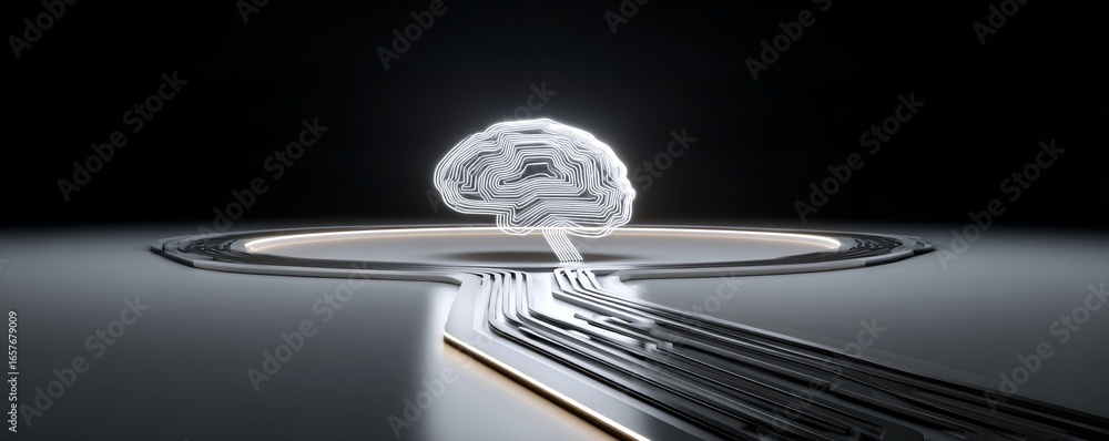 Poster minimal glowing ai circuit lines forming a brain-like pattern on dark background, stock photo with c