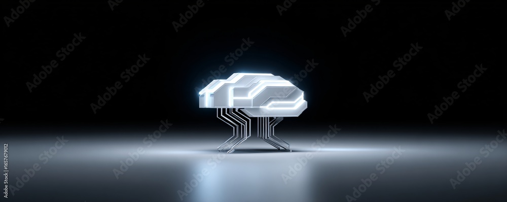 Poster minimal glowing ai circuit lines forming a brain-like pattern on dark background, stock photo with c