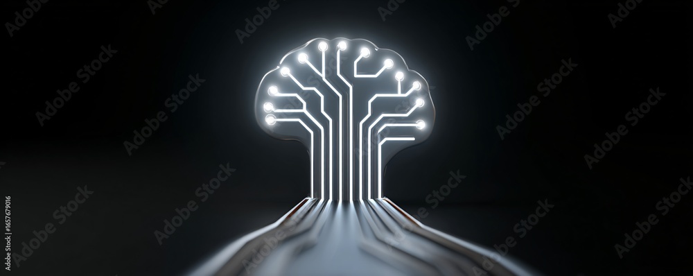 Poster minimal glowing ai circuit lines forming a brain-like pattern on dark background, stock photo with c