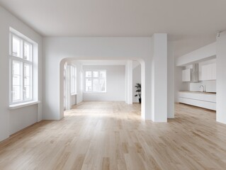 A large open room with a kitchen and a living room. The kitchen has a sink and a stove