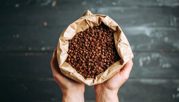 Person holding a rustic paper bag filled with freshly roasted aromatic whole coffee beans over a dark background.