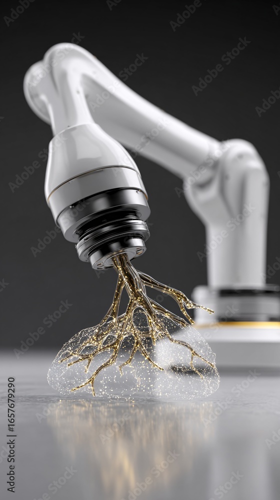 Poster a robotic arm drawing glowing neural patterns in midair, futuristic tech style, stock photo with cop