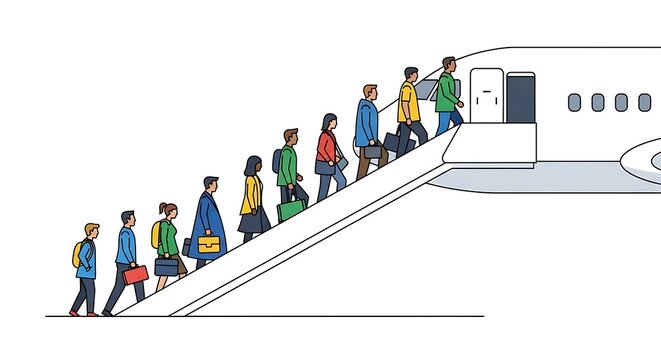 Diverse Passengers Boarding Airplane via Stairs, Minimalist Illustration - Powered by Adobe