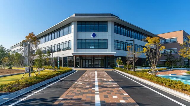 Modern hospital building with glass facade and landscaped surroundings