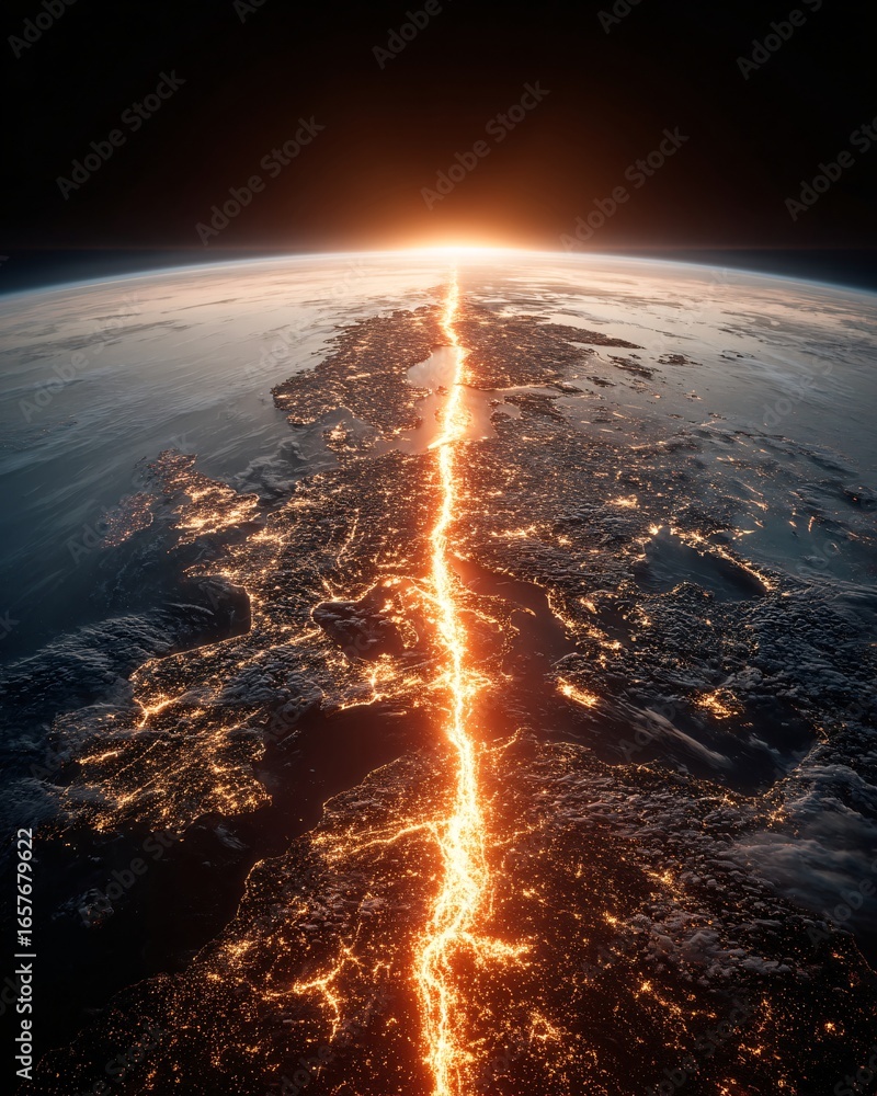 Poster a glowing path of neural nodes connecting earth and space, cosmic ai concept, stock photo with copys