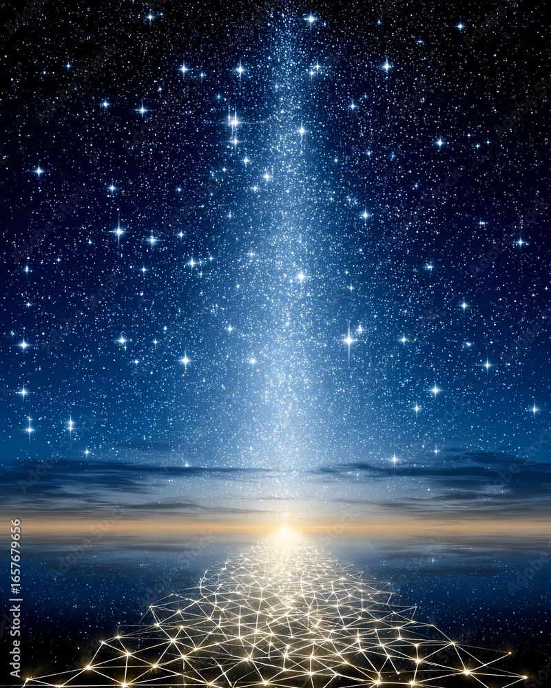 Poster a glowing path of neural nodes connecting earth and space, cosmic ai concept, stock photo with copys