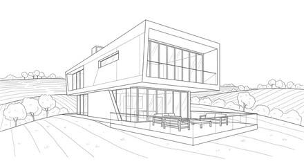 Modern White House Outline with Patio Overlooking Rolling Hills