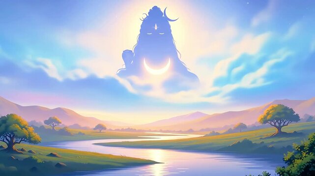 Serene Sunrise Lord Shivas Celestial Abode Peaceful River Valley Spiritual Animation.