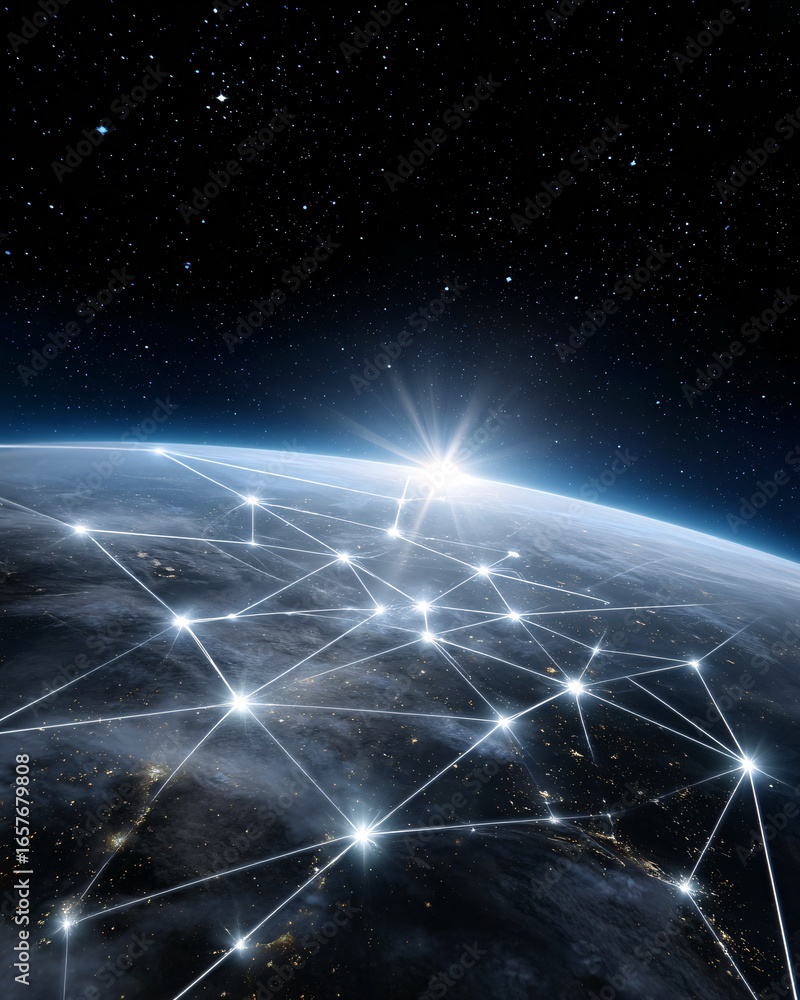 Poster a glowing path of neural nodes connecting earth and space, cosmic ai concept, stock photo with copys