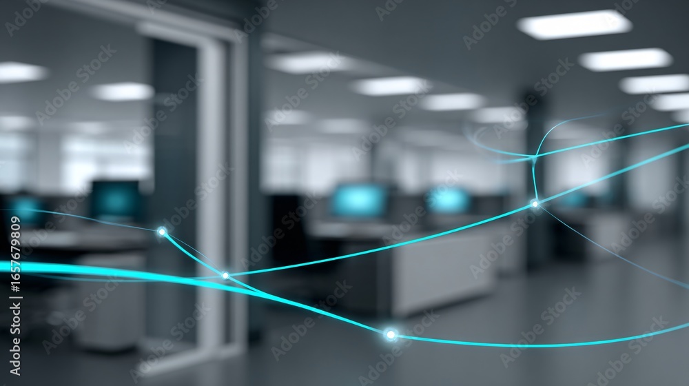 Poster a futuristic office space where abstract glowing neural networks float in the air representing artif