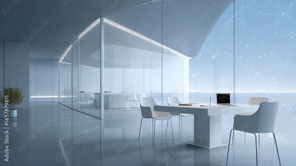 Poster a futuristic office space where abstract glowing neural networks float in the air representing artif