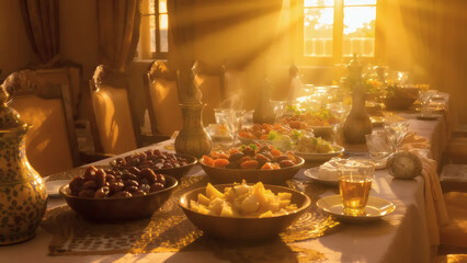 A festive banquet table laden with traditional Middle Eastern food, bathed in warm, golden sunbeams for a celebratory Iftar gathering.