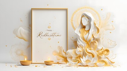 Elegant happy radhashtami greeting card with radha krishna illustration, golden ornaments and candles isolated on white background for festive celebration