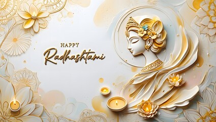Elegant happy radhashtami greeting card with radha krishna illustration, golden ornaments and candles isolated on white background for festive celebration
