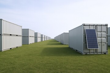 Obraz premium Shipping Containers with Solar Panel on Grassland: Sustainable Storage and Renewable Energy Concept
