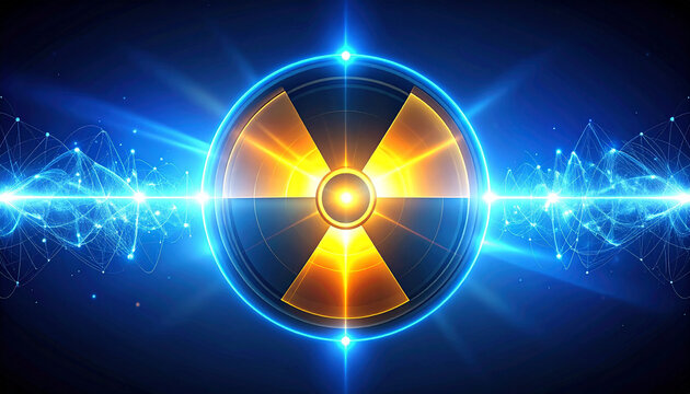 A vibrant digital illustration of a nuclear radiation symbol with glowing energy waves.