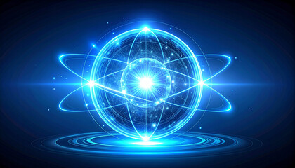 Digital illustration of an atom with orbiting electrons, representing scientific concepts.