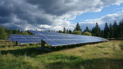 Solar Panels in a Field Under a Dramatic Sky Powering a Sustainable Future Embracing Renewable Energy and Environmental Responsibility Contributing to Green Technology