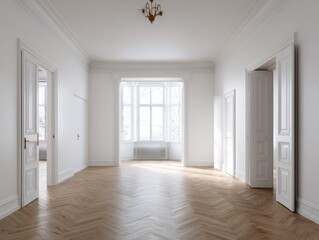 A large room with a window and a radiator. The room is empty and has white walls. There are two doors, one on the left and one on the right