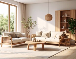 Fototapeta premium Spacious and Bright Modern Living Room with Scandinavian Inspired Wooden Furniture, Bathed in Natural Light, Creating a Warm and Inviting Home Interior.