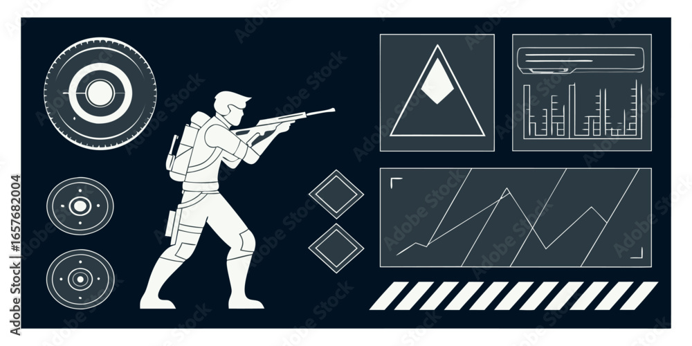 Fototapete set of retro futuristic cyber design grids abstract digital shapes and data waves set hud futuristic