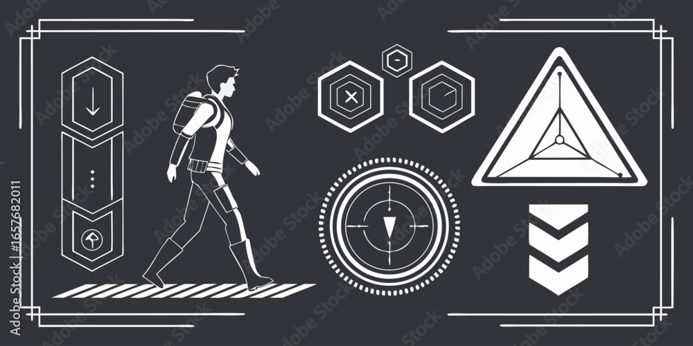Poster set of retro futuristic cyber design grids abstract digital shapes and data waves set hud futuristic