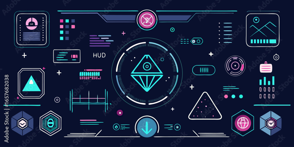 Fototapete set of retro futuristic cyber design grids abstract digital shapes and data waves set hud futuristic