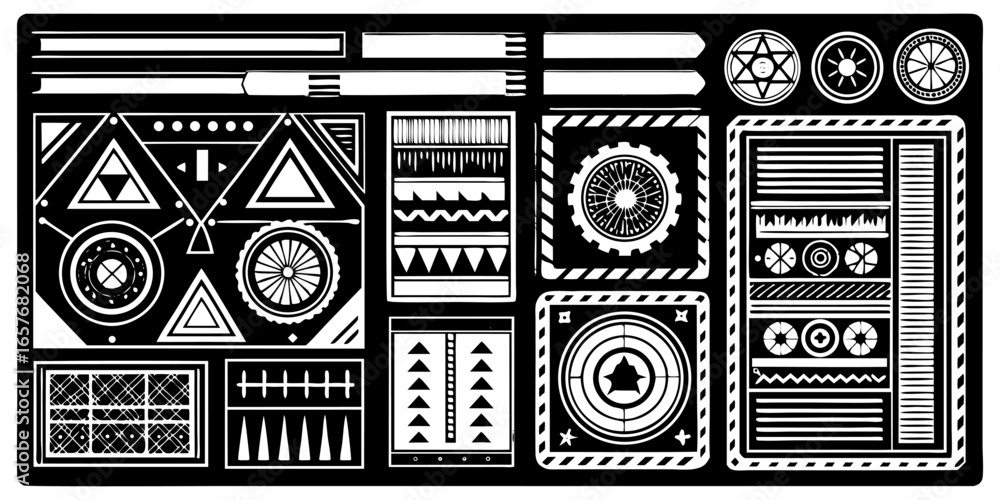 Aufkleber set of retro futuristic cyber design grids abstract digital shapes and data waves set hud futuristic