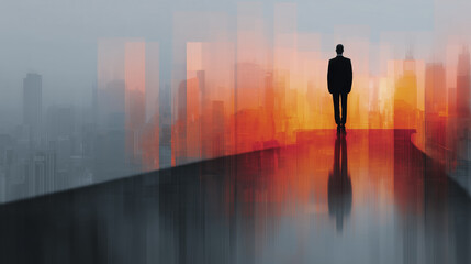 Fototapeta premium Businessman stands confidently on skyscraper rooftop, overlooking vibrant city skyline at dusk, embodying leadership and vision amidst backdrop of urban energy