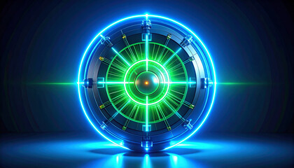 Intricate digital rendering of a glowing, futuristic energy core with vibrant blue and green light.