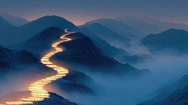 Glowing footprints ascending misty mountains, representing the challenging path of personal health journeys.