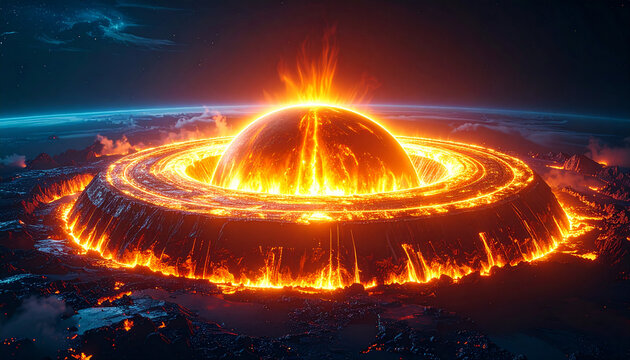 A dramatic depiction of a planet undergoing a catastrophic fiery explosion in space, with rings.