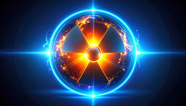 Digital illustration of a glowing nuclear radiation symbol with a blue energy field.