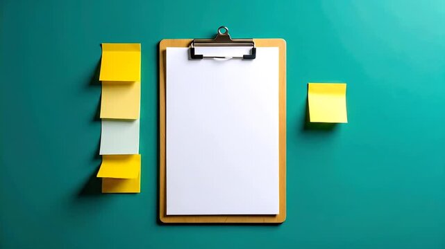 Turquoise background, clipboard with paper, and sticky notes