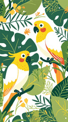 Obraz premium Tropical Parrot's Delight: Two vibrant parrots perch amidst lush green foliage, creating a colorful and joyful tropical scene, ideal for adding a touch of nature and serenity.