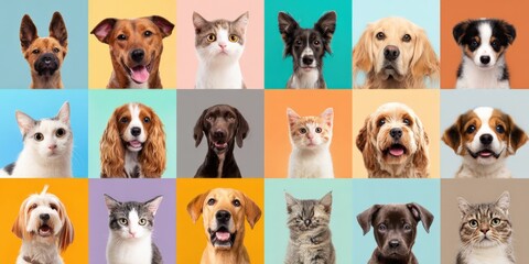 Diverse collection of cute dog and cat portraits on a colorful background, showcasing various breeds and expressions