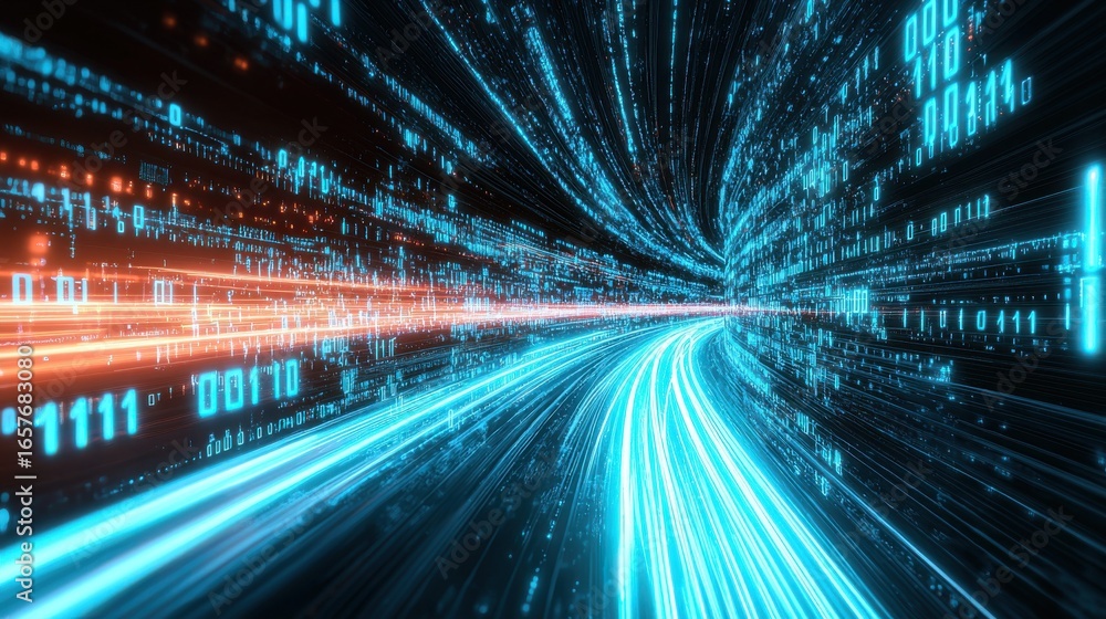 Poster a dynamic high speed digital landscape with streams of data and energy representing the power and ve