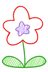 kids crayon pencil doodle flower red and purple with two green leaves