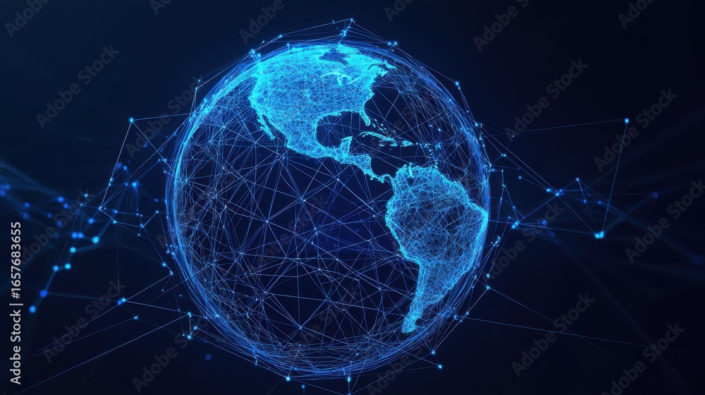 Poster a glowing wireframe digital globe with a network of interconnected lines and points symbolizing worl