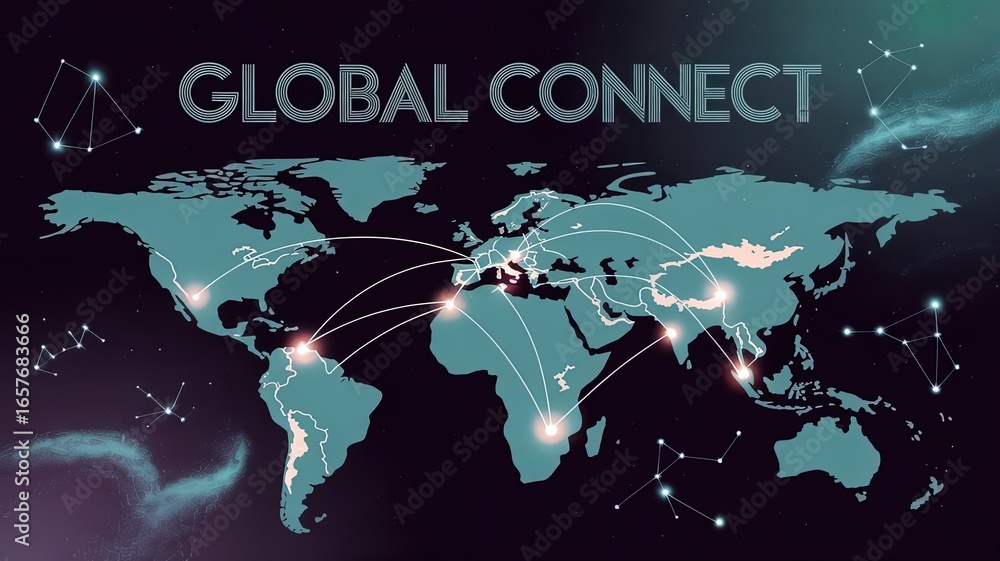 Poster global connect: a stylized depiction of global connectivity, showing continents linked by interconne