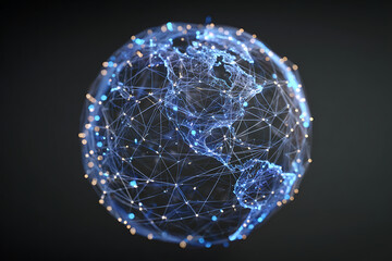 Dynamic digital network globe connects continents with glowing nodes and lines, symbolizing global data flow and interconnectedness for technology concepts.