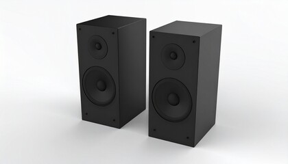 Obraz premium Pair of black rectangular speakers with dual circular drivers, matte finish, isolated on white background.