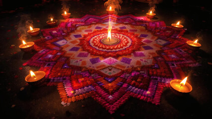 Intricate and colorful rangoli floor decoration made with flower petals and illuminated by glowing traditional oil lamps for the Diwali festival