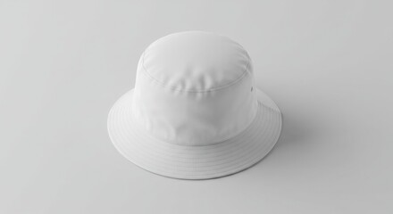 Fototapeta premium A plain white bucket hat is centered on a light grey background
