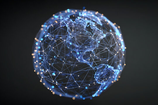 Dynamic digital network globe connects continents with glowing nodes and lines, symbolizing global data flow and interconnectedness for technology concepts.