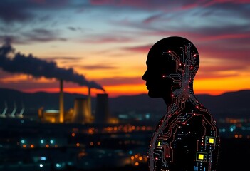 Silhouetted humanoid figure with glowing digital circuitry, sunset over industrial power plant, energy transition, orange sky